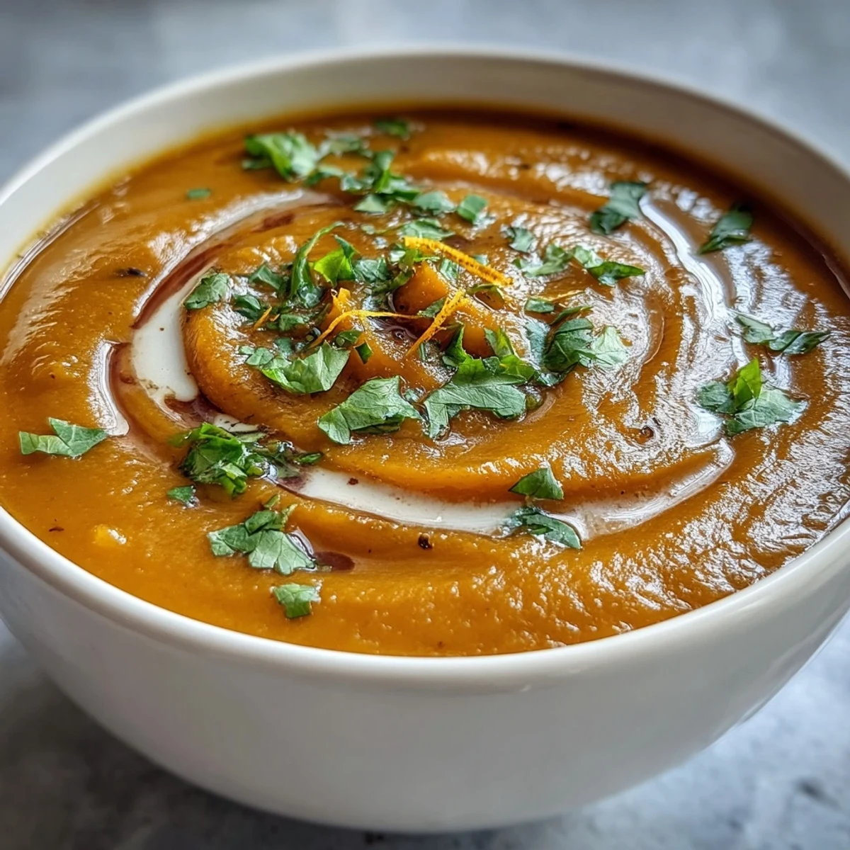 A vibrant bowl of carrot and orange soup with ginger and coconut milk, garnished with fresh coriander and orange zest.