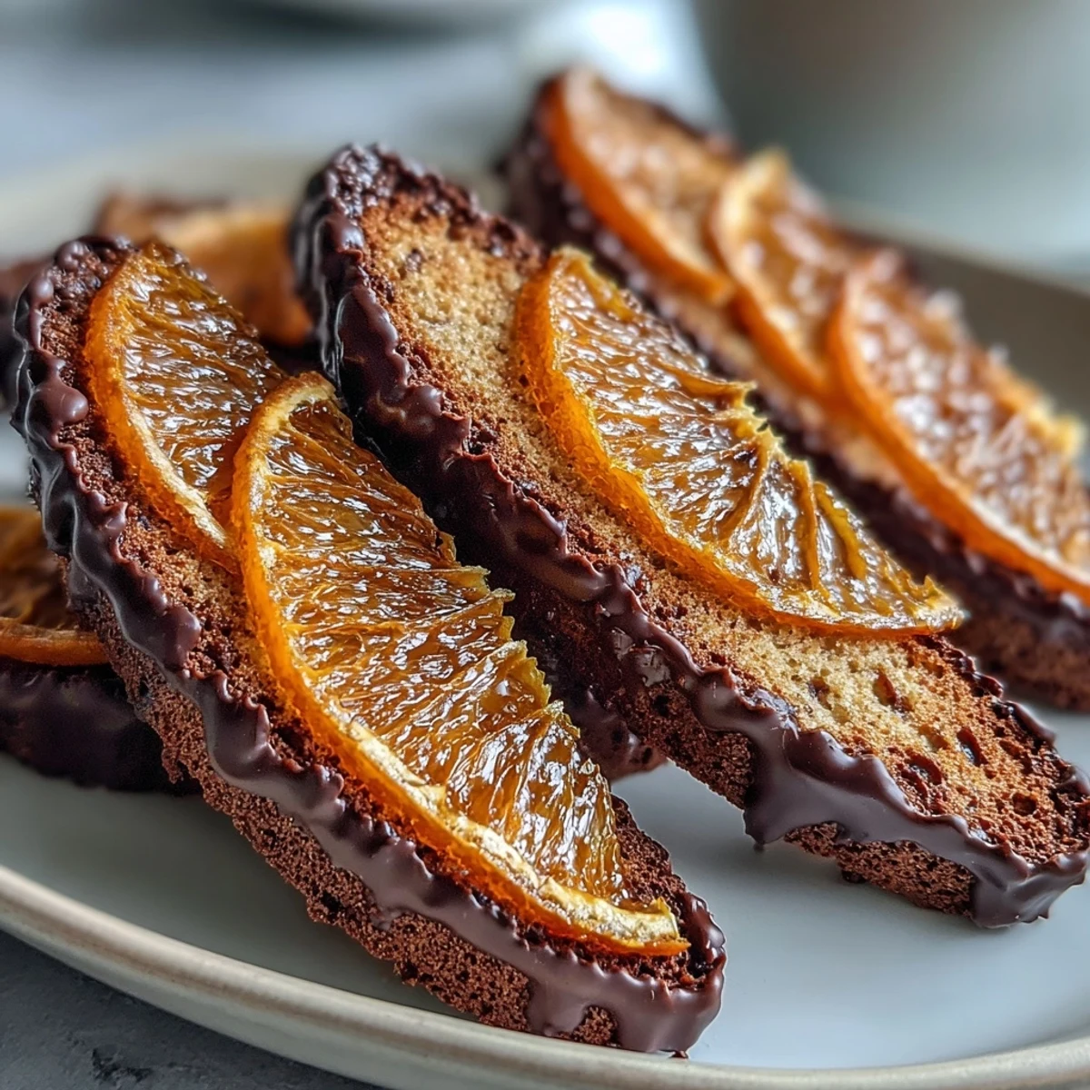 Crispy biscotti studded with chewy candied orange peel and dark chocolate, a delightful treat for tea time.