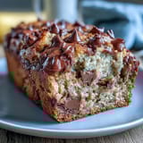 Warm, protein-packed banana bread loaf fresh from the oven, swirled with gooey chocolate chips and a hint of cinnamon spice.