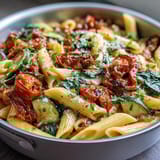 Easy one-pot vegetarian pasta featuring zucchini, bell pepper, and spinach simmered in a savory tomato sauce, finished with Parmesan.