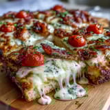 Kentucky Derby Hot Brown Flatbread Pizza with turkey, bacon, tomatoes, and creamy Mornay sauce on golden crust.