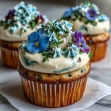 Soft, fluffy vanilla cupcakes with smooth buttercream and colorful edible flower toppers, ideal for spring celebrations.  
