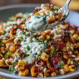 Colorful bowl of Mexican Street Corn Salad featuring sweet corn, red bell pepper, cilantro, and tangy Cotija cheese crumbles.