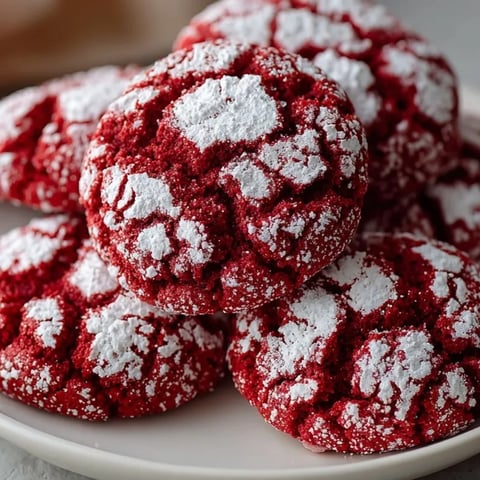 Close-up of vibrant Red Velvet Crinkle Cookies, the powdered sugar creating beautiful textured cracks.