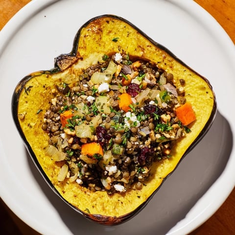 Golden brown Lentil & Walnut Stuffed Acorn Squash served warm, garnished with fresh parsley.