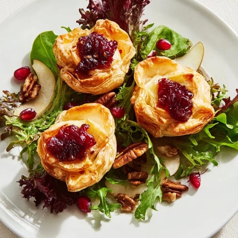 Golden, flaky Cranberry and Brie Flower Bites, warm from the oven, ready to serve over fresh salad.