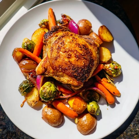 Golden-brown Sheet Pan Chicken with Cranberry Vinaigrette displays tender roasted chicken alongside colorful vegetables.