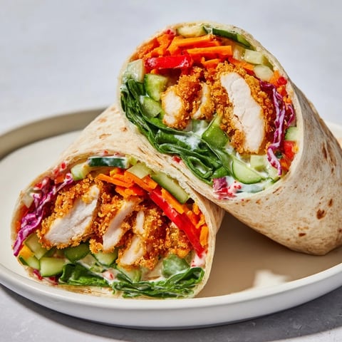 Candy Cane Crunch Chicken Veggie Wrap, showing crispy chicken strips and colorful vegetables, ready to eat.