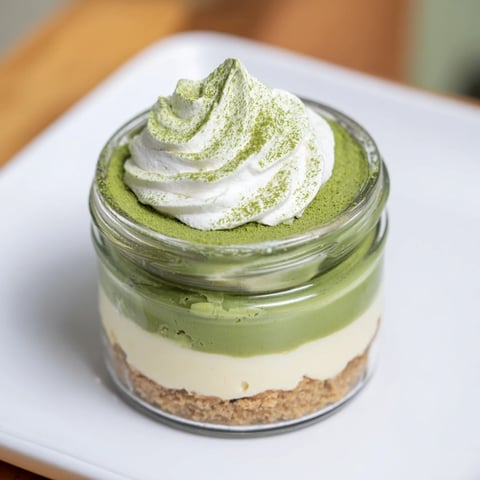 Matcha swirl snowdrift cheesecake cups, a no-bake dessert with creamy layers perfect for serving.