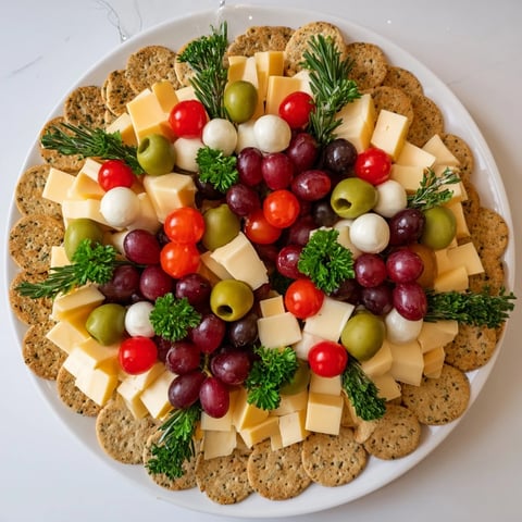 Jingle Bell Cheese & Cracker Wreath: A vibrant, festive appetizer wreath overflowing with cheese and colorful garnishes.