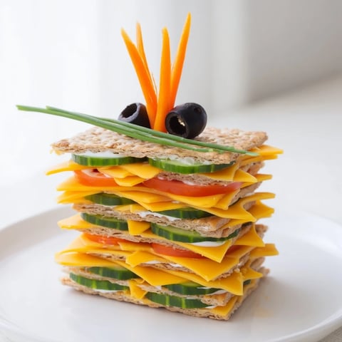 Giraffe Tall Cracker Stack featuring layers of cheese, colorful veggies, and olives, great snack!
