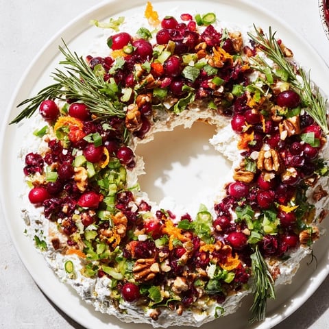 Vibrant Cranberry Feta Dip Wreath glistens with fresh cranberries, perfect for holiday gatherings.