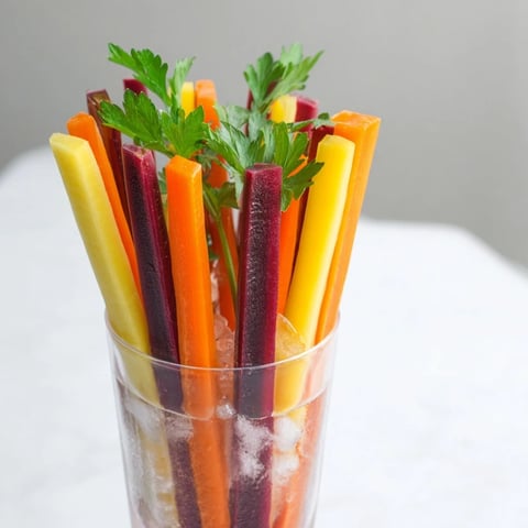 Simple Crudités: Colorful carrot sticks stand upright in chilled glasses, a refreshing appetizer.