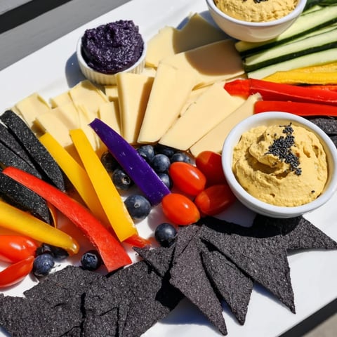 Crisp colorful Zig-Zag Lightning Strike appetizer board with peppers, cheese, dips, and vibrant accents.
