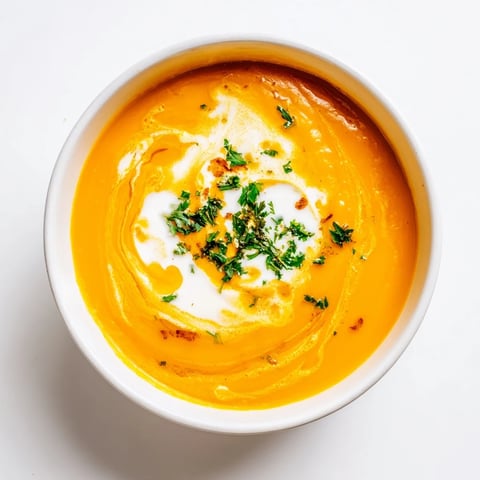 Steaming bowl of Sweet Maple Carrot Soup, garnished with parsley and a swirl of coconut cream.
