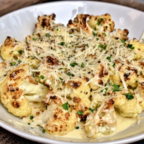 Golden-brown Cheesy Cauliflower Mac bubbling in a baking dish, ready to serve and enjoy.