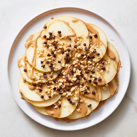 Crisp Apple slices covered in peanut butter, forming delicious peanut butter apple nachos, a sweet snack.
