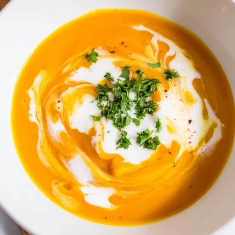 Steaming bowl of Sweet Maple Carrot Soup, garnished with parsley and a swirl of coconut cream.