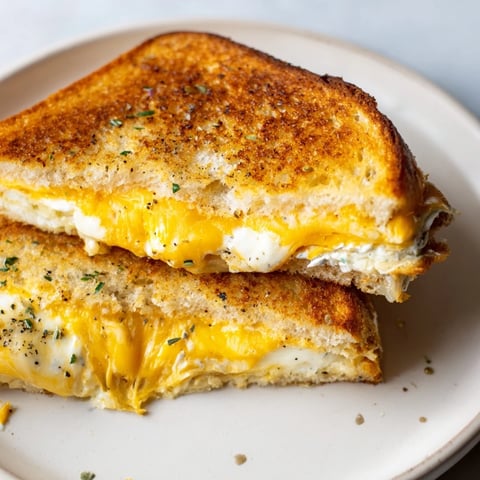 Golden, crispy Garlic Butter Mayo Grilled Cheese, oozing with melted sharp cheddar cheese, ready to be enjoyed.