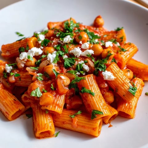 Steaming Harissa Chickpea Pasta, a Mediterranean delight, with tender pasta and spicy tomato sauce.