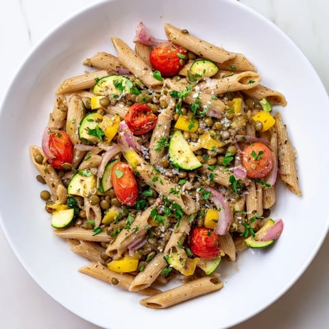 Steaming lentil pasta with vegetables, a vibrant and colorful Mediterranean main dish, served warmly.