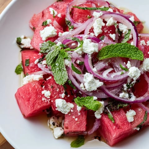 Vibrant Watermelon Feta Salad with cool, juicy watermelon cubes, feta crumbles, and fresh mint.