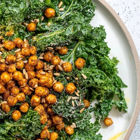 Warm Kale Salad with Crispy Chickpeas, a colorful salad with golden chickpeas and vibrant greens.