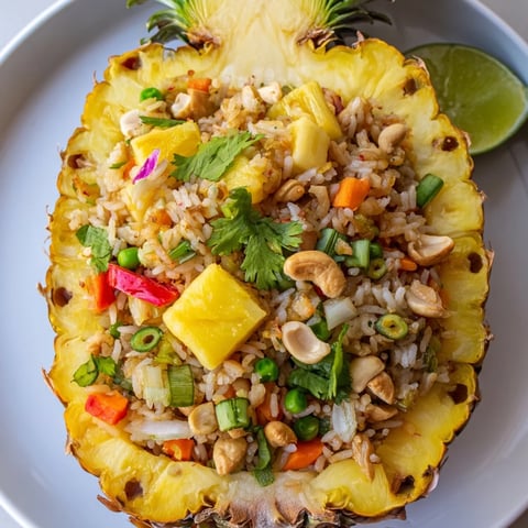 Golden Pineapple Fried Rice served in a carved pineapple shell, garnished with fresh cilantro and lime.