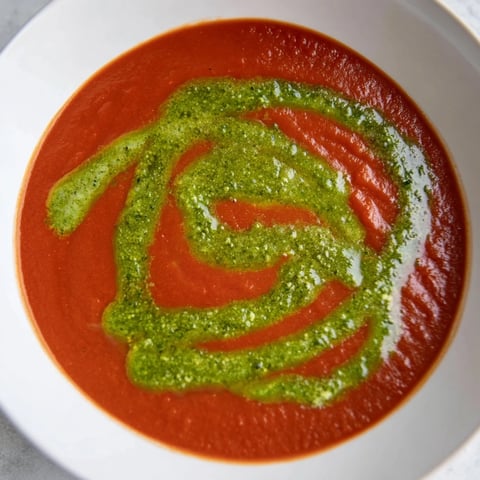 A close-up of creamy red tomato soup in a white bowl, garnished with a vibrant swirl of homemade basil pesto and fresh basil leaves.  