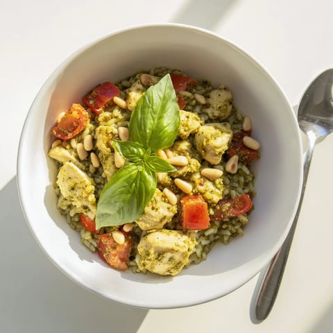 A vibrant Chicken Pesto Rice Bowl garnished with fresh basil leaves, diced tomatoes, and toasted pine nuts.  