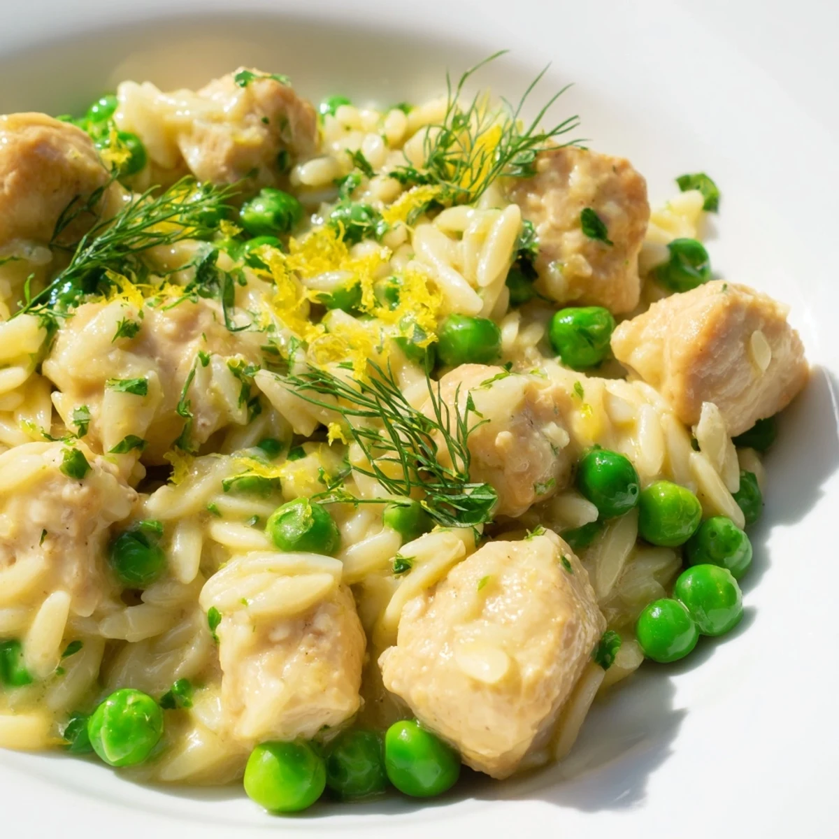 Golden chicken thighs, tender orzo pasta, and bright green peas simmer together in a zesty lemon herb sauce inside a rustic skillet, ready to serve.