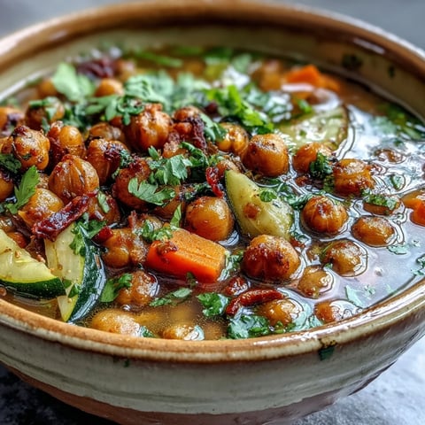 Golden roasted chickpeas and hearty vegetables simmer in a warming Spiced Chickpea and Vegetable Soup, ready to serve.