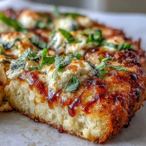 Hot Honey Ricotta Pizza with golden crust, creamy cheese, fresh basil, and spicy honey drizzle.