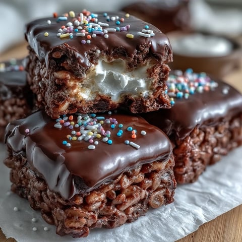 Freshly cut squares of Chocolate Covered Rice Krispy Treats display a thick, glossy chocolate layer with rainbow sprinkles on a rustic wooden board.