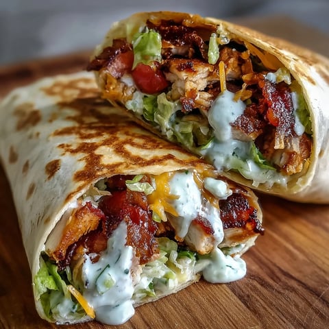 Golden-brown Crispy Chicken Bacon Wrap sliced in half on a cutting board, revealing layers of shredded cheddar, crisp bacon, and fresh lettuce.