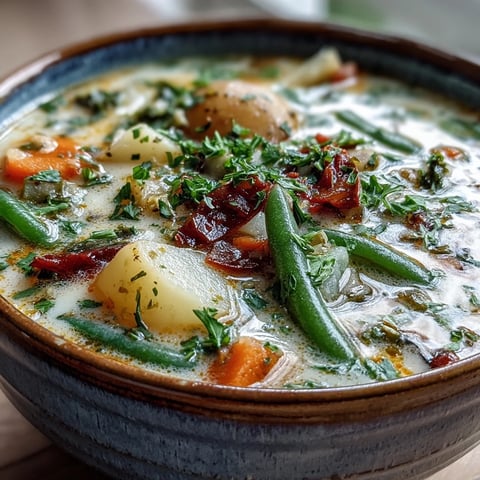 A close-up photo of Amish Snow Day Soup in a rustic bowl, showcasing tender vegetables and a creamy broth with fresh thyme garnish.