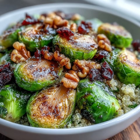 Golden roasted Brussels sprouts and red onion over fluffy quinoa in a white bowl, drizzled with tangy balsamic dressing.