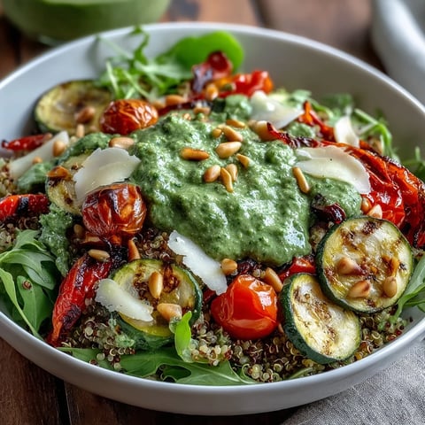 Roasted tomatoes, zucchini, and bell peppers mixed with quinoa in a vibrant bowl of homemade arugula pesto.
