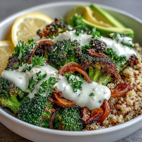 Crispy roasted broccoli and red onion over fluffy quinoa, drizzled with creamy tahini sauce in this vibrant bowl.  