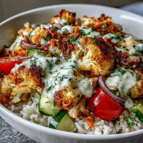 Roasted Cauliflower Bowl features golden, herb-roasted cauliflower on fluffy rice, topped with colorful veggies and creamy tahini sauce.  