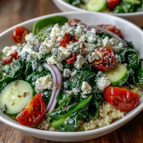 Spinach and Feta Grain Bowl with wilted greens, tomatoes, and crumbled cheese over quinoa.