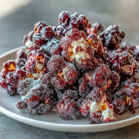 Close-up of gourmet Black Currant Cheesecake Kettle Corn in a rustic bowl with fresh berries.