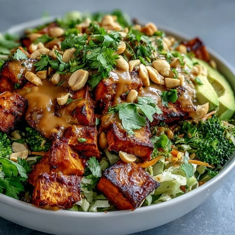 Brightly colored Thai Peanut Sweet Potato Buddha Bowl with roasted sweet potatoes, crisp broccoli, cabbage, and avocado slices topped with creamy peanut sauce.