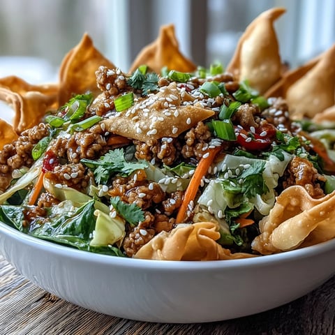 Ranch Turkey & Veggie Egg Roll Bowls feature sautéed ground turkey, crisp cabbage, and carrots, topped with crunchy wonton strips, sesame seeds, and fresh green onions.