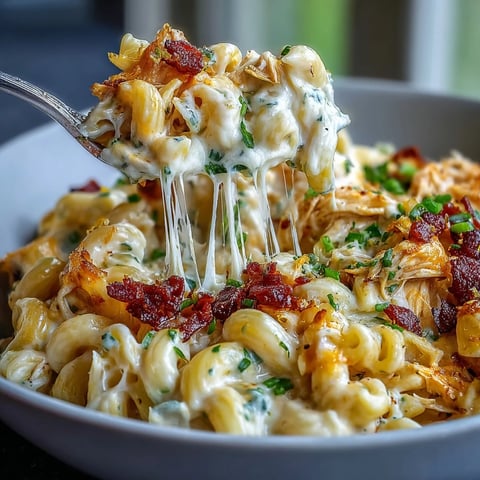 Creamy Jalapeño Popper Chicken Pasta topped with crispy bacon bits and fresh chives in a white bowl.