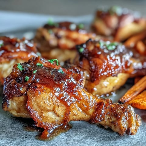 Golden-brown Sheet Pan Honey Garlic Chicken Drumsticks with Roasted Carrots glistening with sweet glaze on a dark baking sheet.