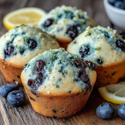 Twelve Vegan Blueberry Lemon Protein Muffins with golden tops rest on a cooling rack, showcasing bursts of juicy blueberries and bright lemon zest. 