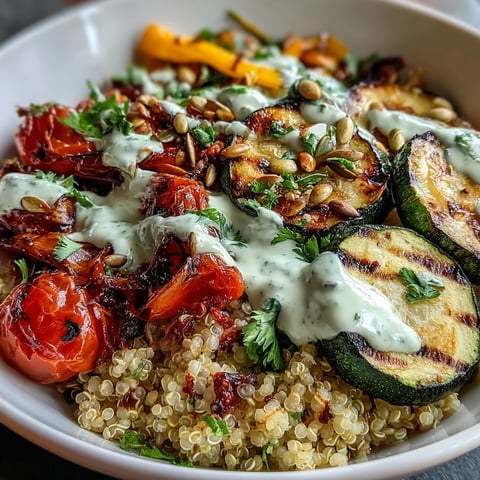 Fluffy quinoa topped with charred zucchini, red onion, and bell peppers in Grilled Veggie and Quinoa Power Bowls with Tahini Drizzle, finished with fresh parsley.