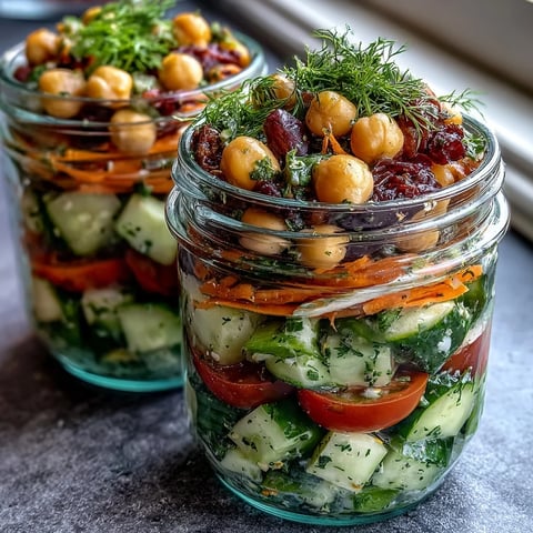 Bright, colorful chickpea cucumber salad jars layered with citrus herb dressing, crisp veggies, and fresh herbs for a healthy lunch.