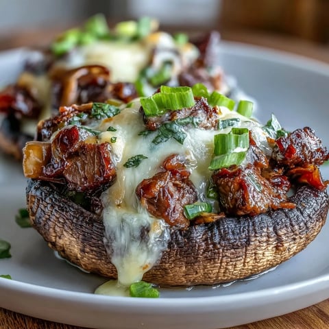 Keto Philly Cheesesteak Stuffed Portobello Mushrooms with juicy steak, peppers, and melted cheese in savory portobello caps.  
